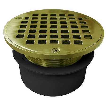 Jones Stephens 4in. PVC Inside Pipe Fit Drain Base with 3in. Metal Spud and 5in. Polished Brass Strainer D53314